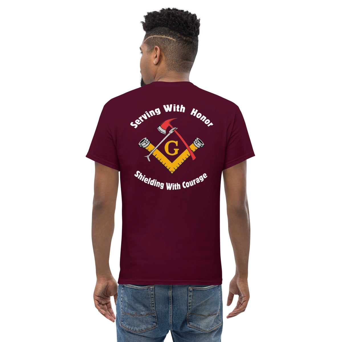 Bravery and Brotherhood Tee Shirt - Custom Masonic Firefighter Emblem Design by The Salty Medic Clothing Co. Maroon