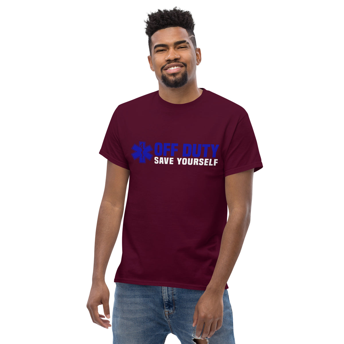 Off Duty, Save Yourself Tee Shirt | Salty Medic Clothing Co | First Responders Apparel Maroon