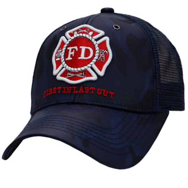 Navy blue camo firefighter trucker hat with embroidered Fire Department Maltese Cross and First In Last Out design