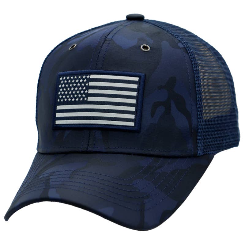 Navy blue camouflage American flag trucker cap with mesh back design