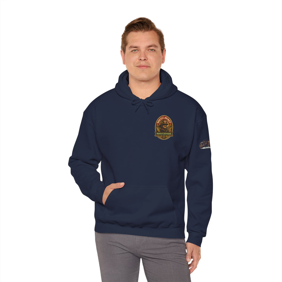 Nozzle Jockey firefighter beer hoodie with vintage premium lager brewery graphic on black pullover sweatshirt