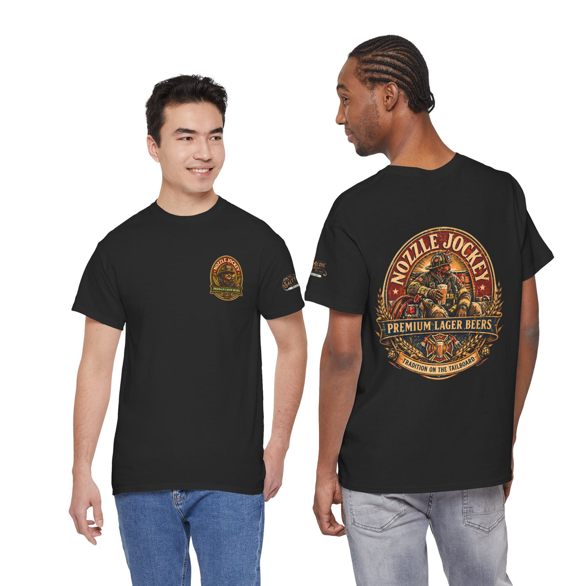 Nozzle Jockey firefighter beer t-shirt with vintage premium lager brewery graphic design on black shirt