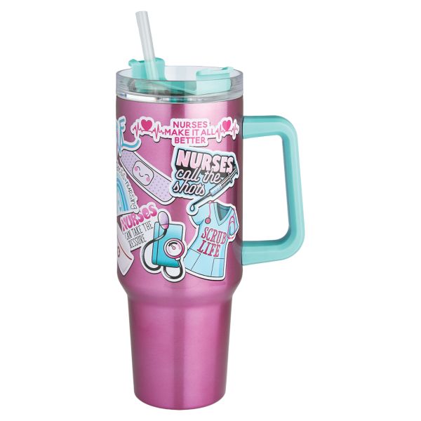 40oz stainless steel nurse travel mug with teal handle and nurse-themed stickers
