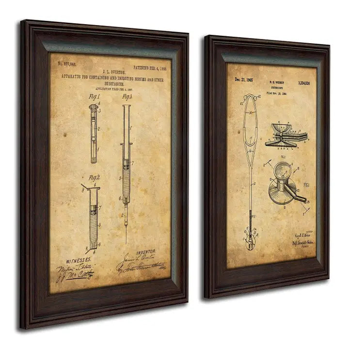 Framed nurse patent art set featuring vintage syringe and stethoscope U.S. patent prints