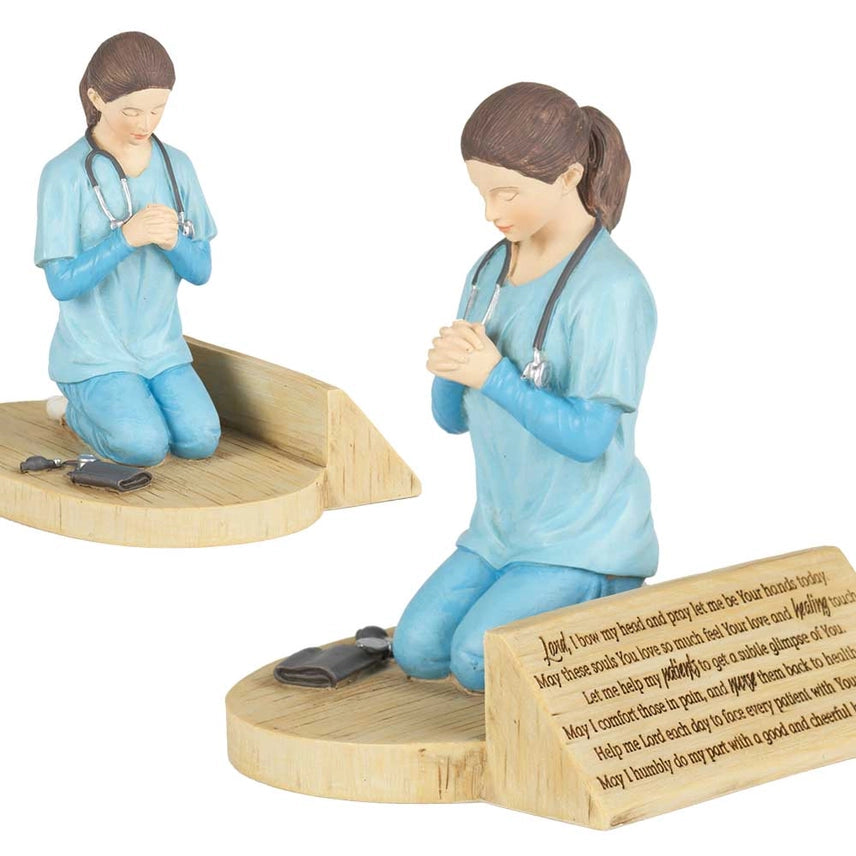 Nurse prayer figurine showing a kneeling nurse in prayer with engraved message.