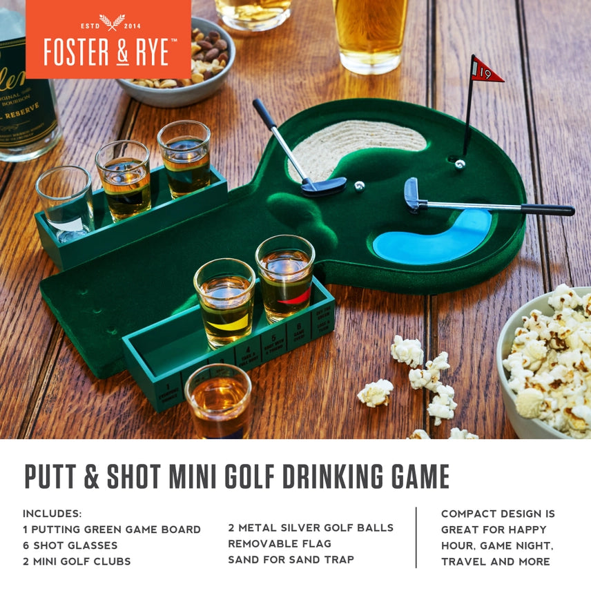 Contents of the Putt and Shot mini golf drinking game including clubs, metal golf balls, shot glasses, and flag