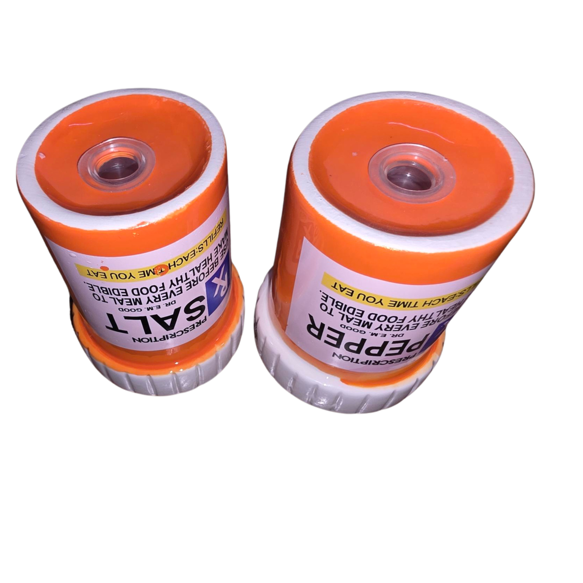 Bottom of Rx prescription salt and pepper shaker set showing refill opening