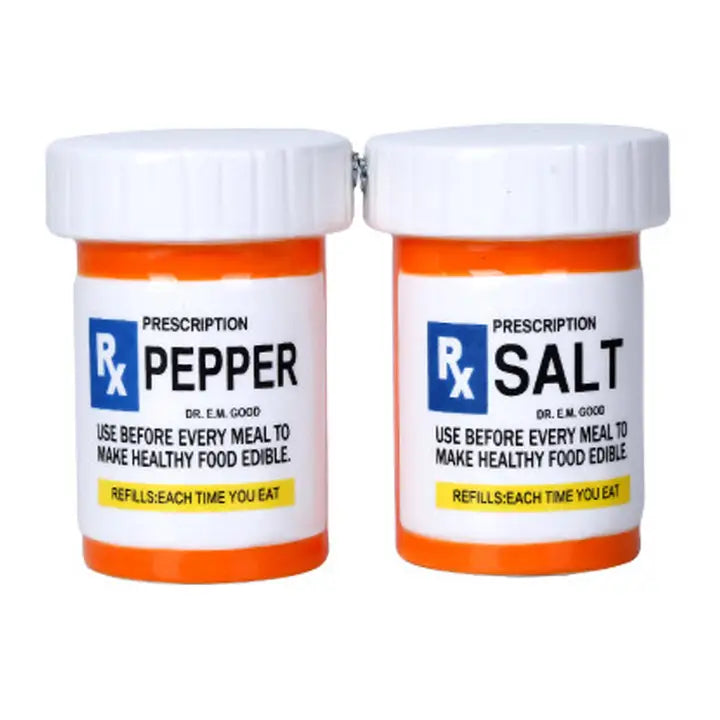 Rx prescription bottle salt and pepper shaker set front view ceramic kitchen decor