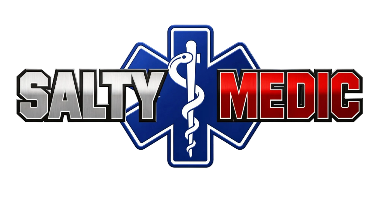Salty Medic EMS first responder logo featuring metallic Salty Medic text with a blue Star of Life and Rod of Asclepius, representing paramedics, EMTs, and medical professionals