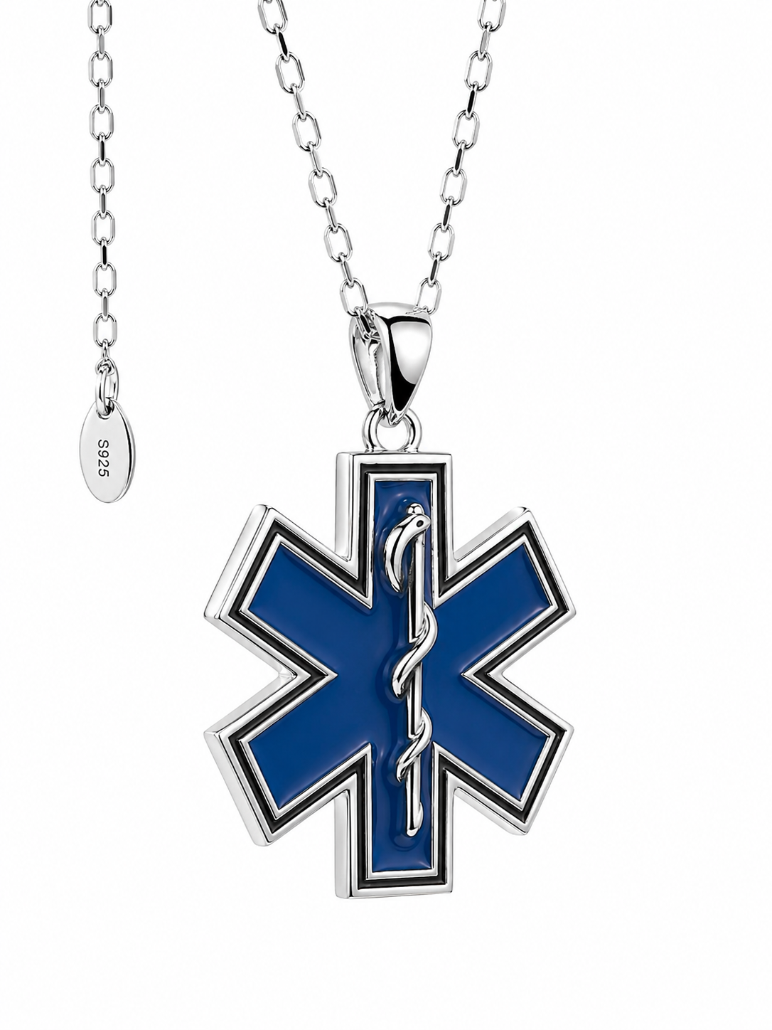 Close up angle view of luminous sterling silver EMS Star of Life pendant necklace