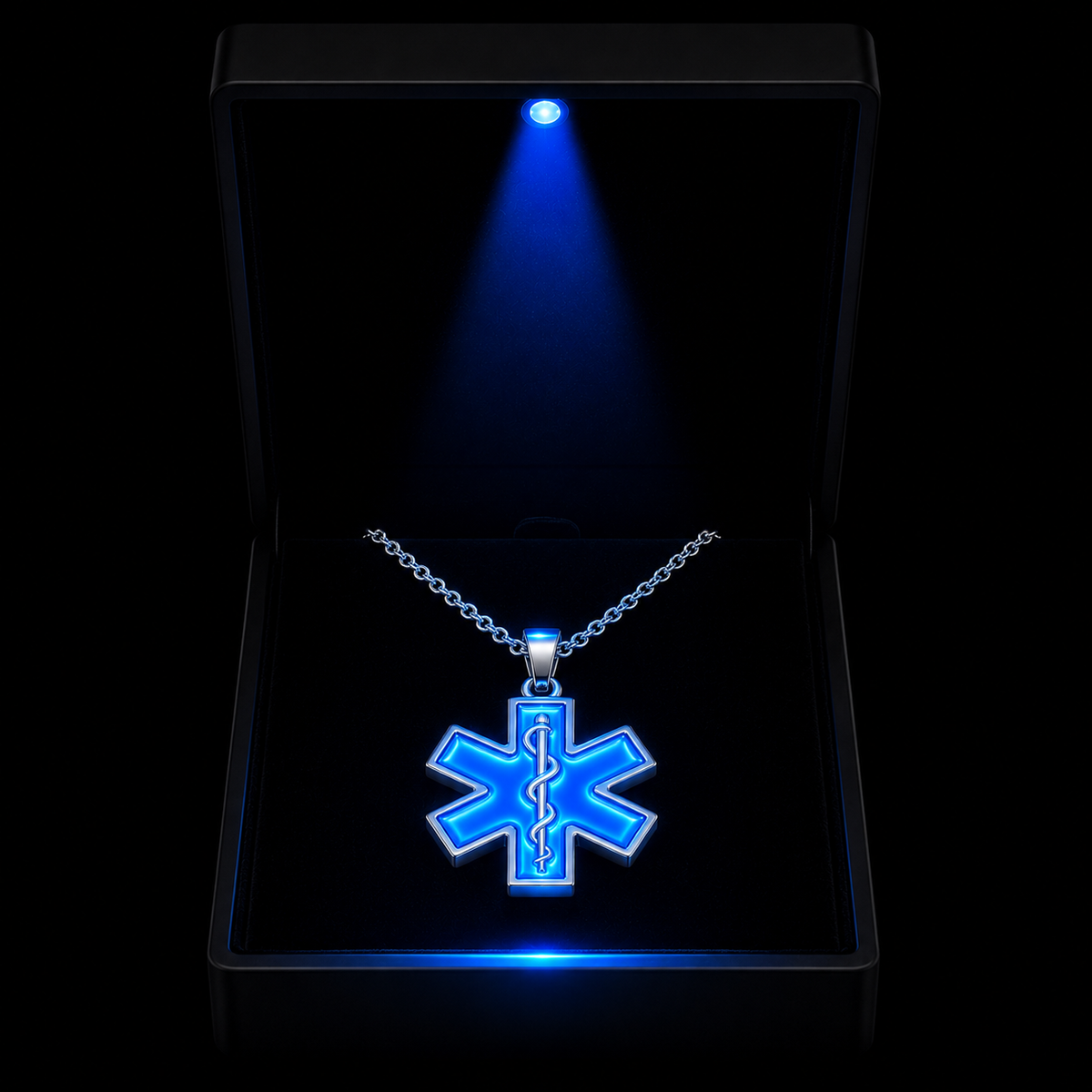 Glow in the dark Star of Life EMS necklace with luminous blue pendant in LED display box