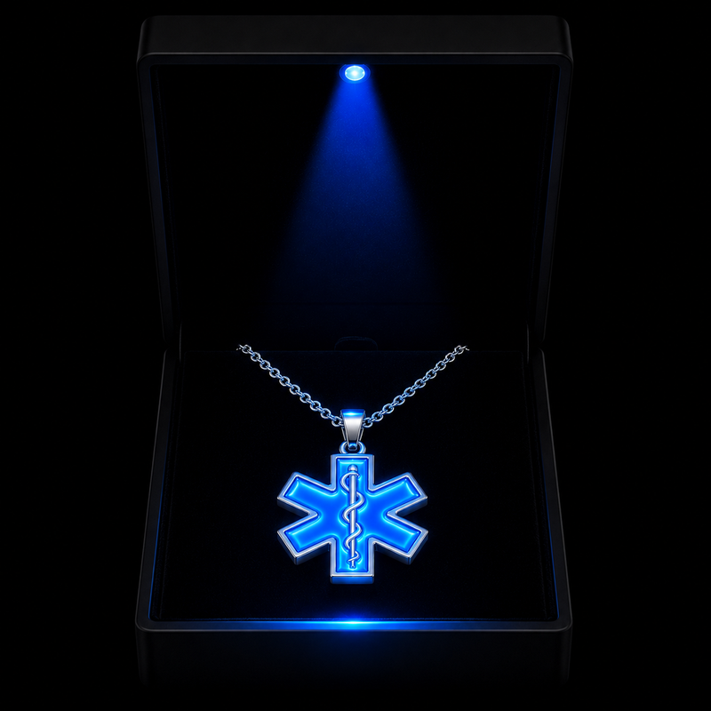 Glow in the dark Star of Life EMS necklace with luminous blue pendant in LED display box