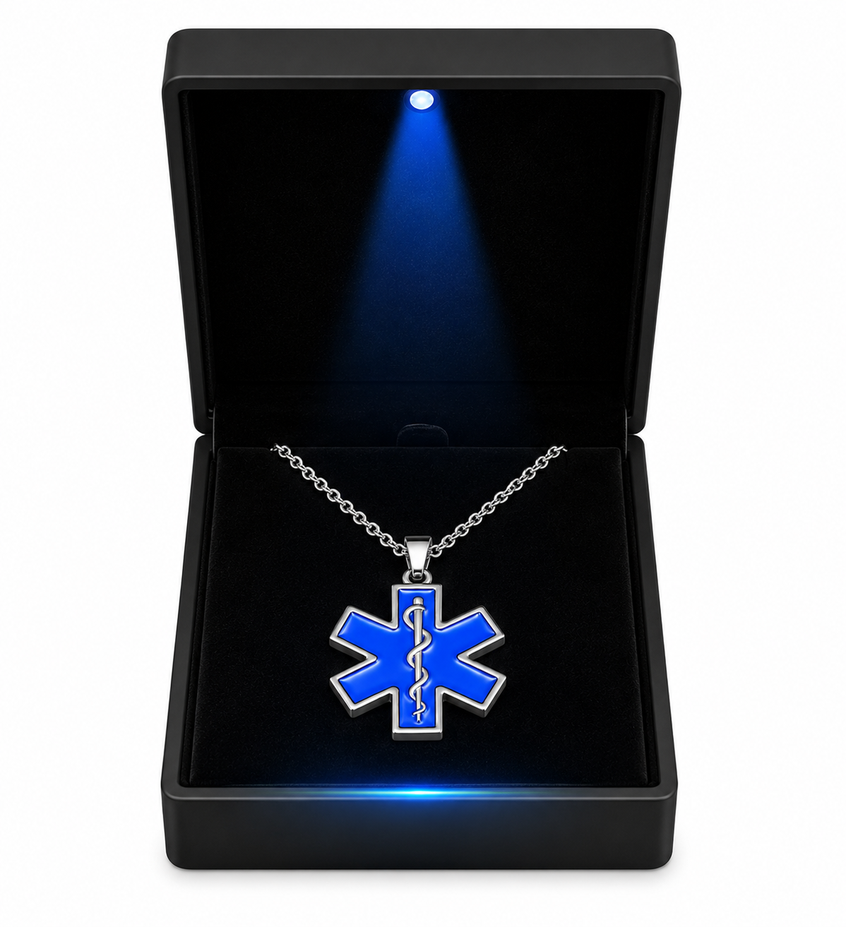 Luminous Star of Life necklace in sterling silver with blue glow in dark EMS pendant and LED gift box