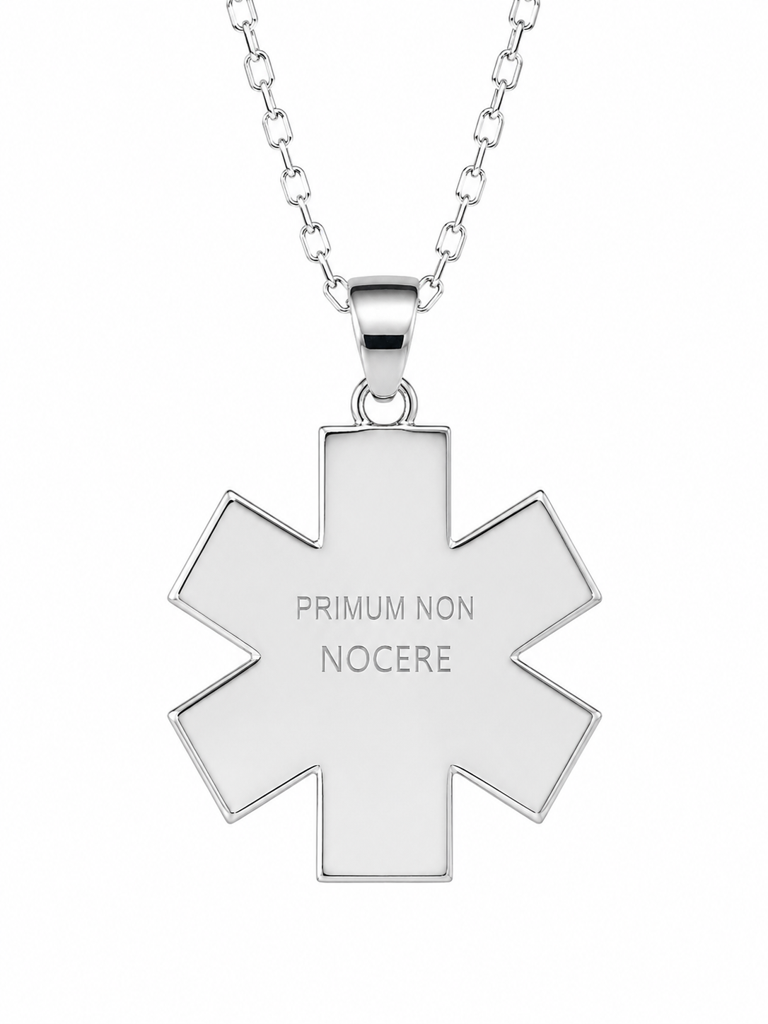 Back engraving of Star of Life necklace featuring Primum Non Nocere medical oath