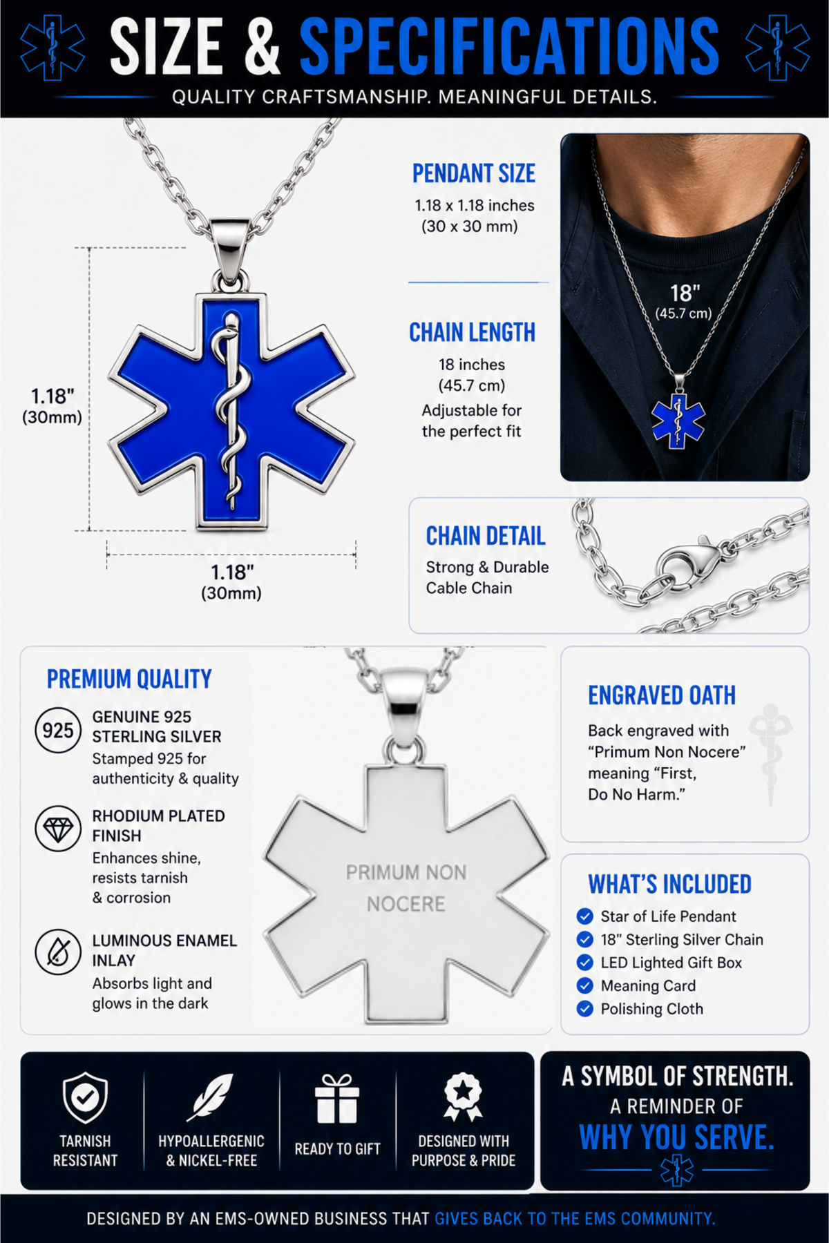 Star of Life necklace size and specifications infographic showing sterling silver EMS pendant details