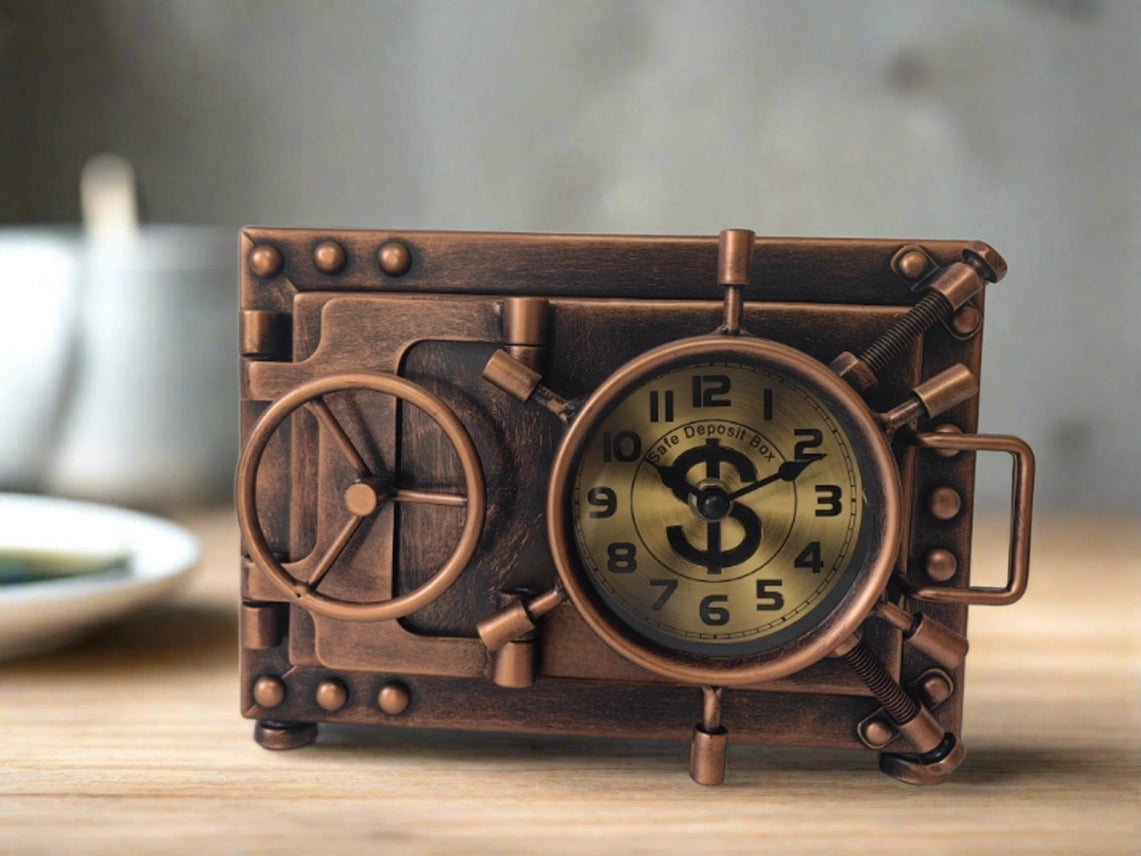 Ship cabin door style metal table clock with piggy bank and nautical antique gold design.