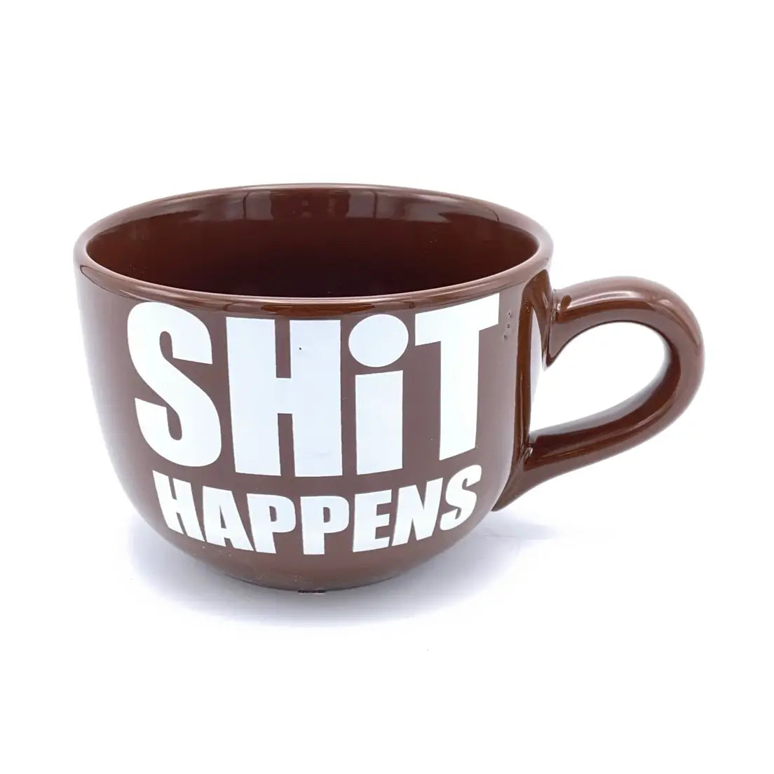 Shit Happens giant 22 oz round novelty coffee mug in brown ceramic