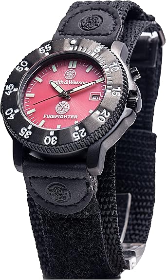 Smith & Wesson firefighter watch featuring a red dial, luminous hands, Japanese quartz movement, black tactical case, and nylon strap.