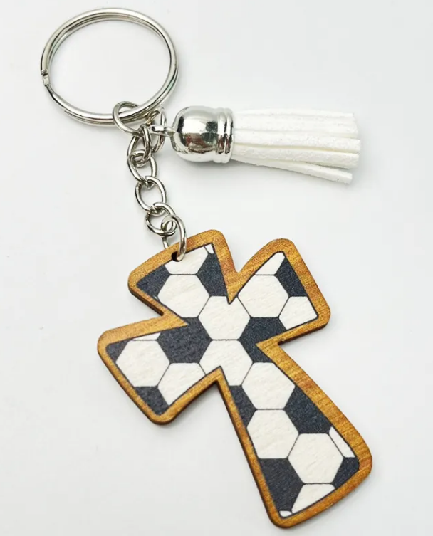 Black and white soccer ball wooden cross keychain with white tassel