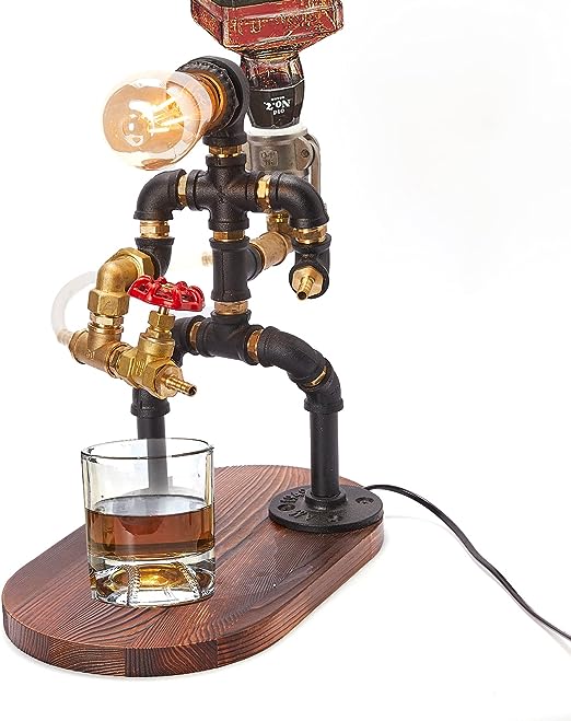 Industrial pipe robot liquor dispenser pouring whiskey into a glass with steampunk styling.