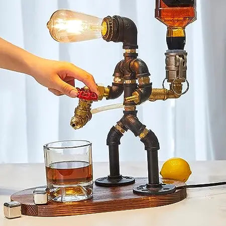 Steampunk pipe robot liquor dispenser with industrial metal design and integrated lamp.