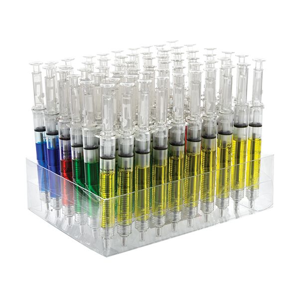 Bulk display of syringe pens with red, yellow, green, and blue