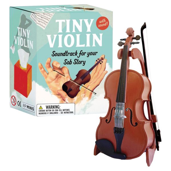 Tiny violin novelty toy with box labeled “Soundtrack for your Sob Story”
