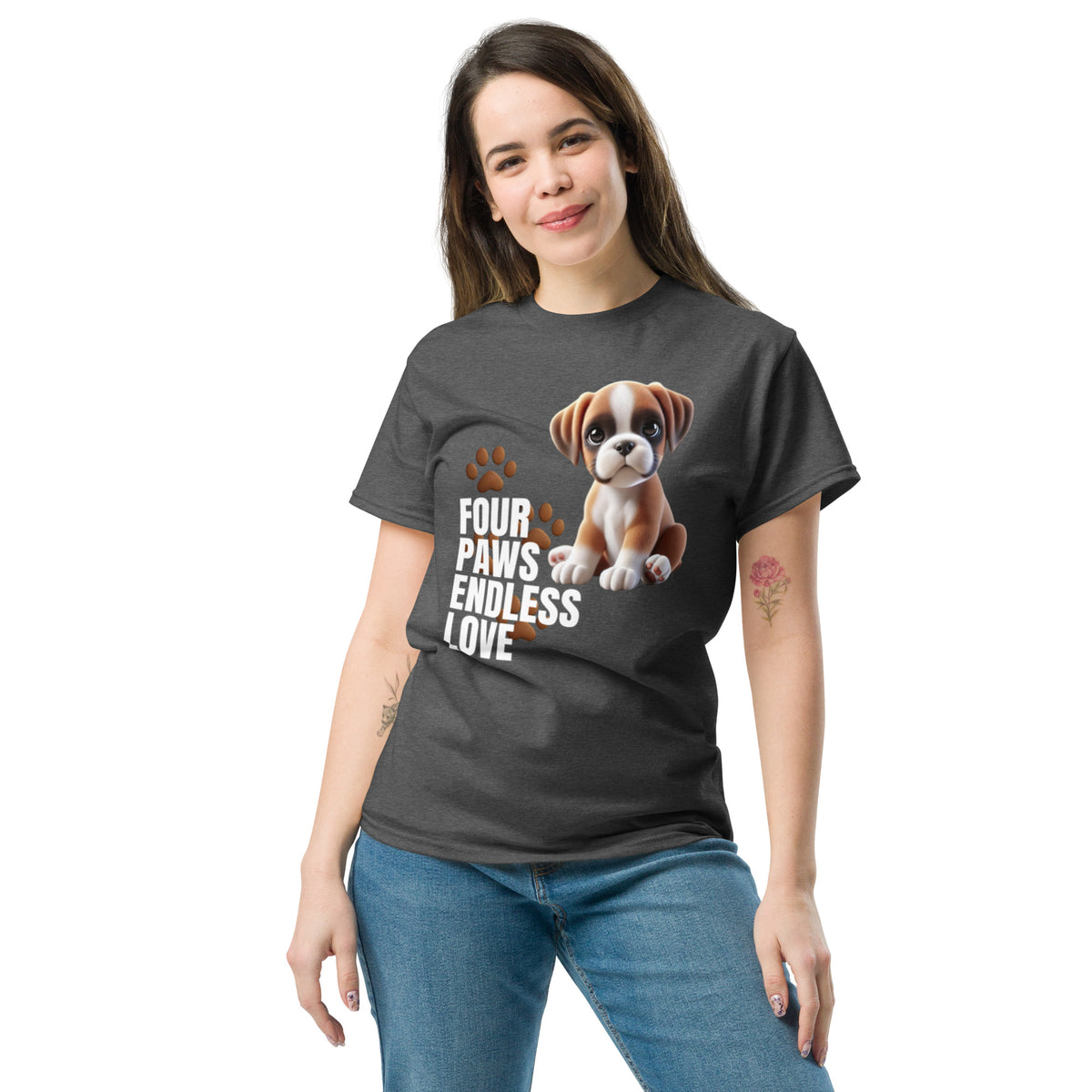 Four Paws Endless Love Tee featuring a cute Boxer puppy on the front and The Salty Medic Clothing Co. logo on the back – 100% cotton unisex classic fit.