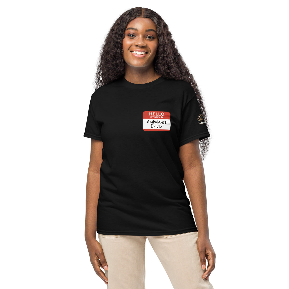 Hello My Name Is Ambulance Driver t-shirt with red name tag design, funny EMS humor graphic tee by The Salty Medic