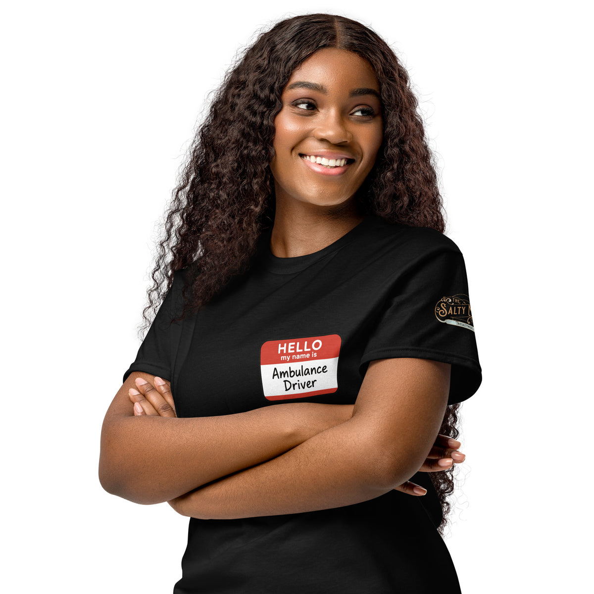 Left chest Ambulance Driver name tag graphic on black t-shirt, subtle EMS humor shirt for EMTs and paramedics