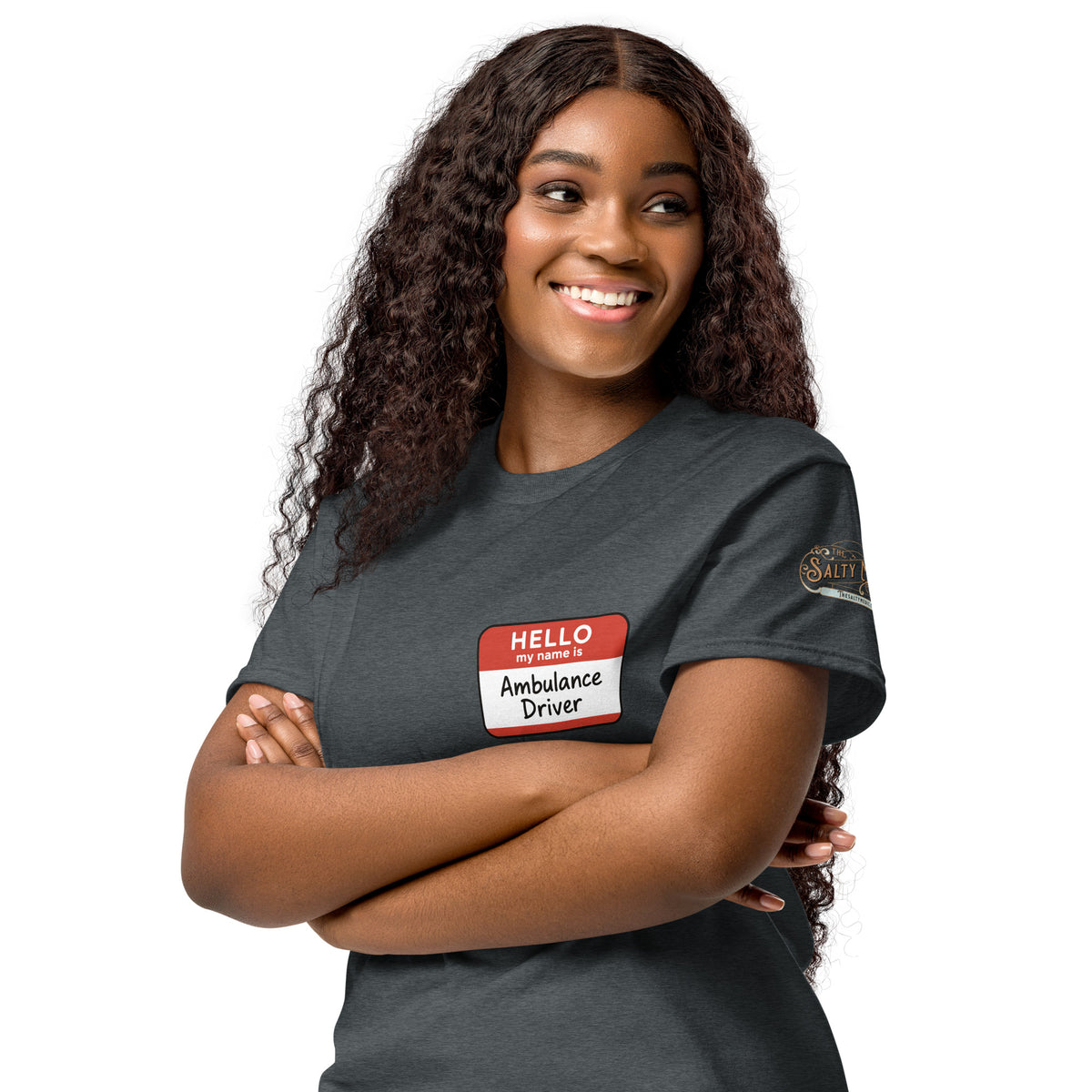 Hello My Name Is Ambulance Driver EMS humor graphic tee on navy and heather gray t-shirts