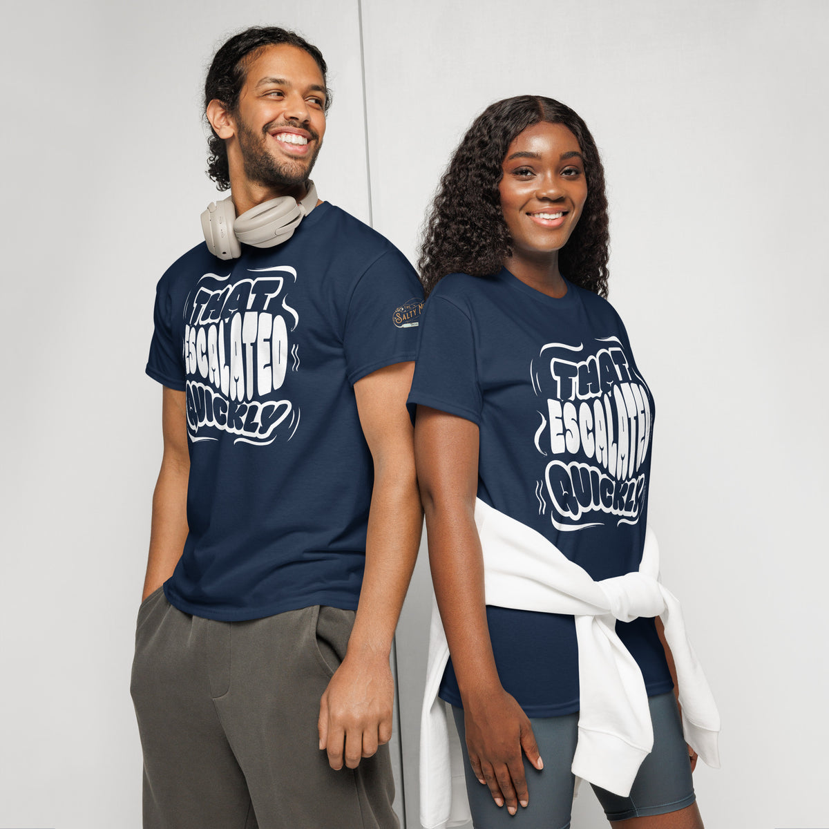 That Escalated Quickly funny graphic shirt worn on black t-shirt