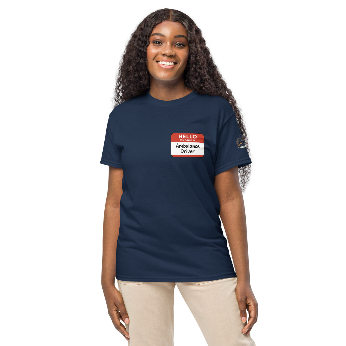 Funny EMS t-shirt reading Hello My Name Is Ambulance Driver, self-deprecating paramedic and EMT humor apparel