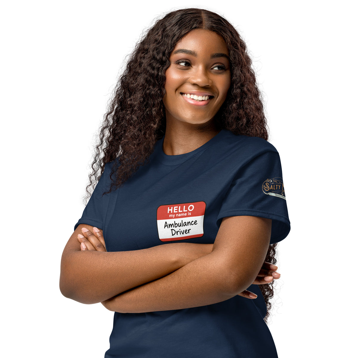 Close-up of Ambulance Driver name tag graphic printed on DryBlend moisture-wicking t-shirt for EMS professionals