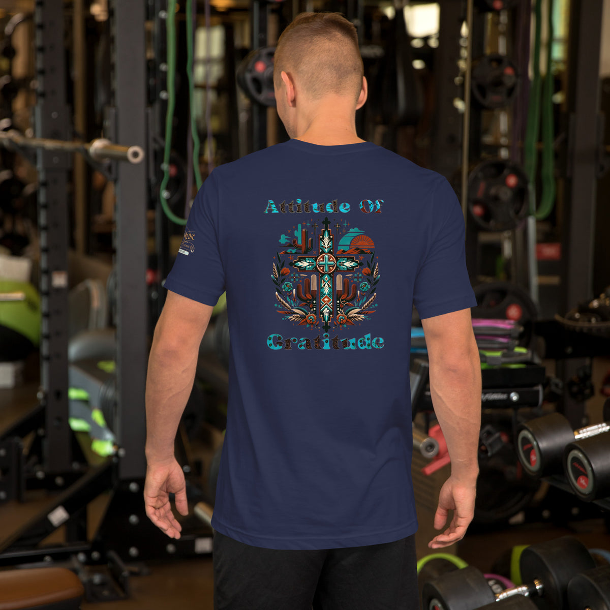 Southwest Spirit Tee - 'Attitude of Gratitude' Religious Motif T-Shirt by The Salty Medic Clothing Co Navy