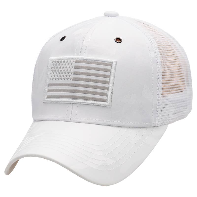 White camouflage American flag mesh back snapback hat with subdued flag patch