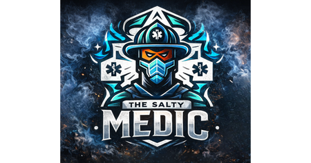 Who is The Salty Medic brand graphic featuring first responder helmet, Star of Life, and emergency services symbolism