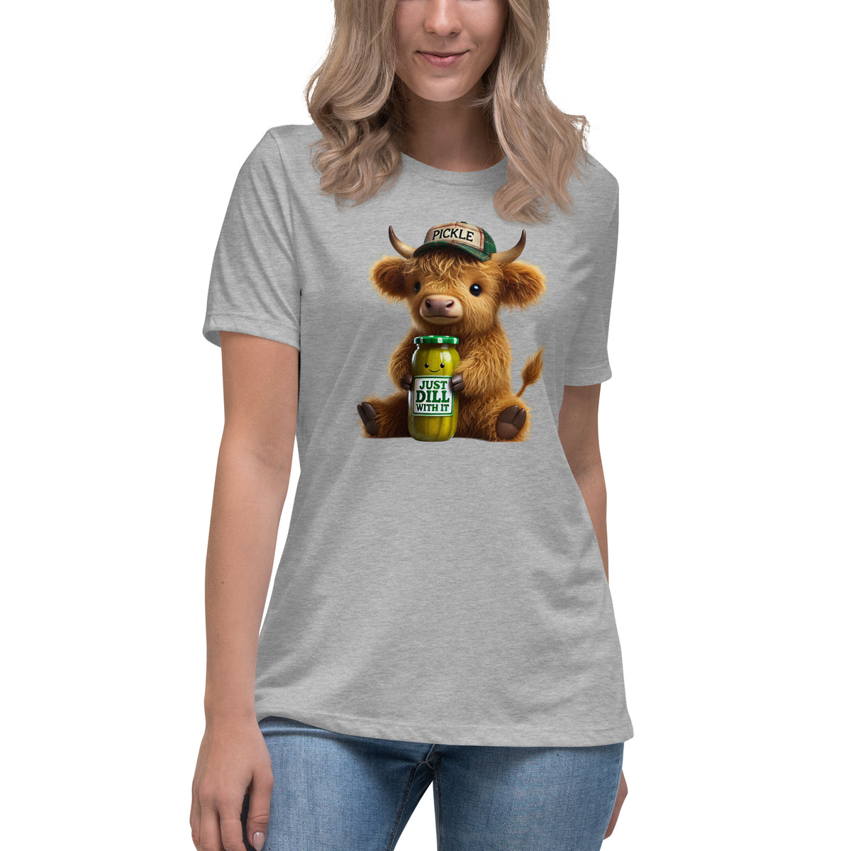 Just Dill With It Women's T-Shirt – Cute Highland Cow & Pickle Design | Soft & Relaxed Fit by The Salty Medic Clothing Co.