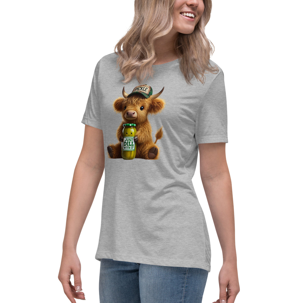 Just Dill With It Women's T-Shirt – Cute Highland Cow & Pickle Design | Soft & Relaxed Fit by The Salty Medic Clothing Co. Athletic Heather