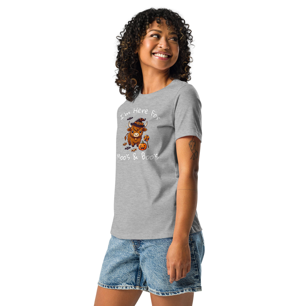 Salty Medic Clothing Co. Women's Highland Cow Halloween T-Shirt – "I’m Here for the Boos and the Moos" Athletic Heather