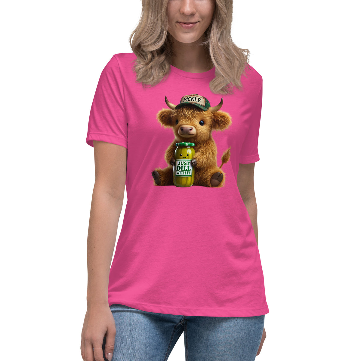 Just Dill With It Women's T-Shirt – Cute Highland Cow & Pickle Design | Soft & Relaxed Fit by The Salty Medic Clothing Co.