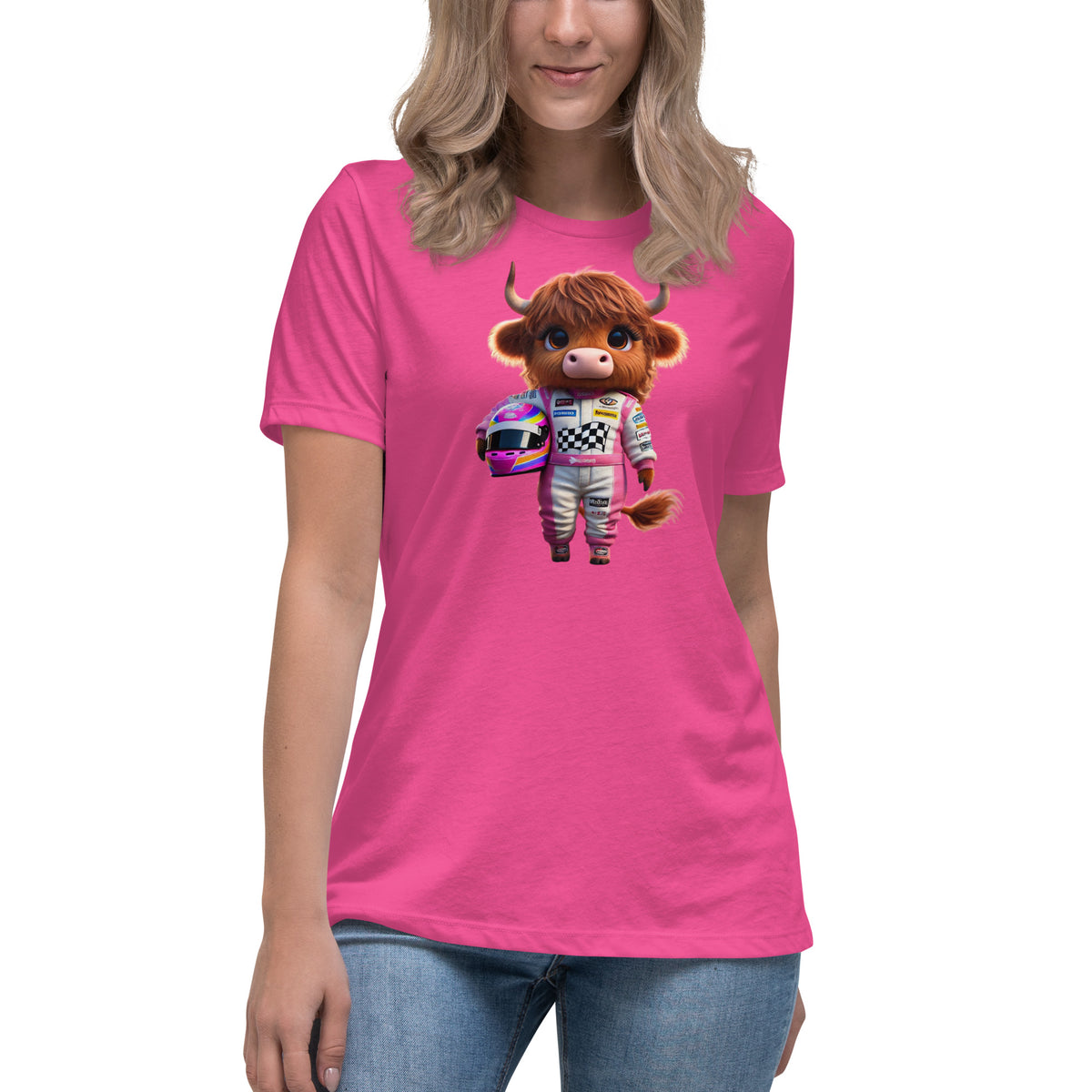 Custom Highland Cow Racing Tee – Cute Highland Cow Race Car Driver Graphic Tee for Women – Fun and Unique Racing Shirt by The Salty Medic Clothing Co.