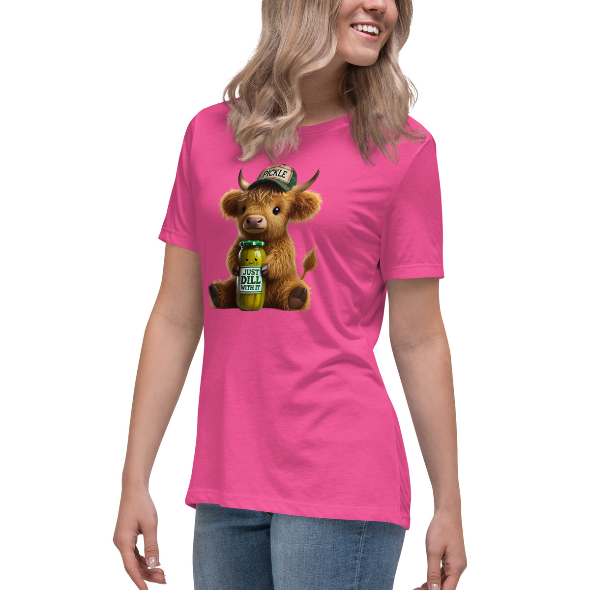 Just Dill With It Women's T-Shirt – Cute Highland Cow & Pickle Design | Soft & Relaxed Fit by The Salty Medic Clothing Co. Berry