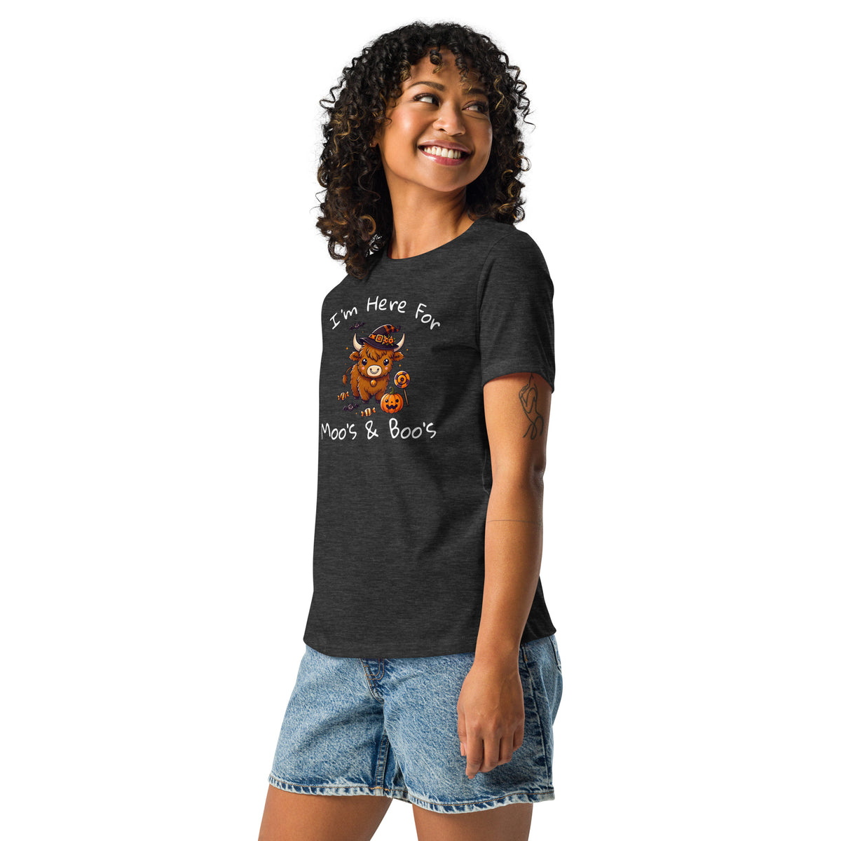 Salty Medic Clothing Co. Women's Highland Cow Halloween T-Shirt – "I’m Here for the Boos and the Moos" Dark Grey Heather