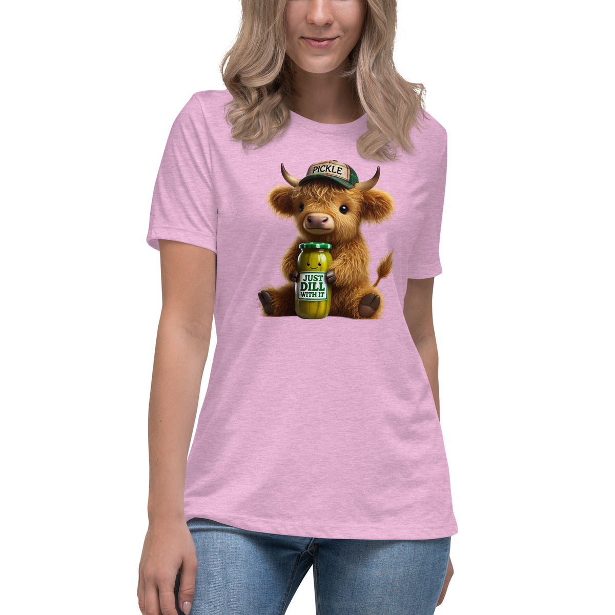 Just Dill With It Women's T-Shirt – Cute Highland Cow & Pickle Design | Soft & Relaxed Fit by The Salty Medic Clothing Co.