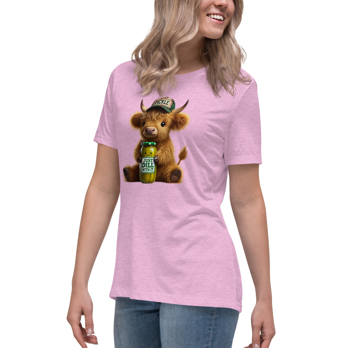 Just Dill With It Women's T-Shirt – Cute Highland Cow & Pickle Design | Soft & Relaxed Fit by The Salty Medic Clothing Co. Heather Prism Lilac