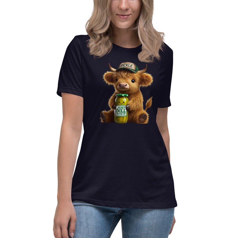 Just Dill With It Women's T-Shirt – Cute Highland Cow & Pickle Design | Soft & Relaxed Fit by The Salty Medic Clothing Co.