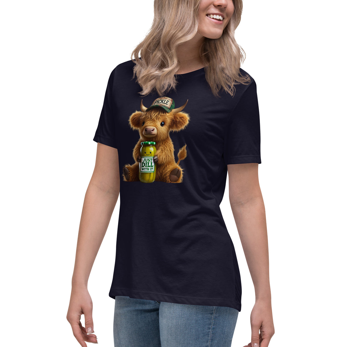 Just Dill With It Women's T-Shirt – Cute Highland Cow & Pickle Design | Soft & Relaxed Fit by The Salty Medic Clothing Co. Navy