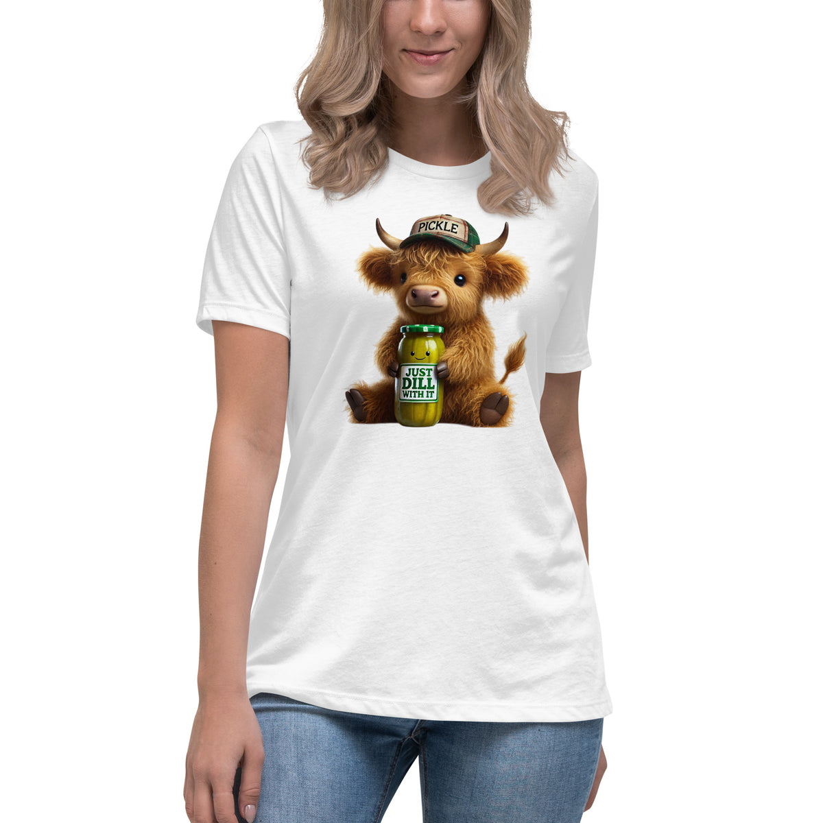 Just Dill With It Women's T-Shirt – Cute Highland Cow & Pickle Design | Soft & Relaxed Fit by The Salty Medic Clothing Co.