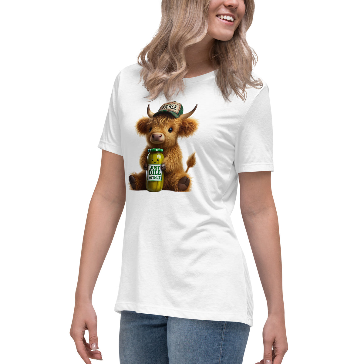 Just Dill With It Women's T-Shirt – Cute Highland Cow & Pickle Design | Soft & Relaxed Fit by The Salty Medic Clothing Co. White